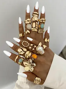 24-Piece Ring Set, Metal Colorful Gemstone Floral Imitation Pearl, Vintage Elegant Geometric Pattern, Women's Stackable Rings, Party Gift