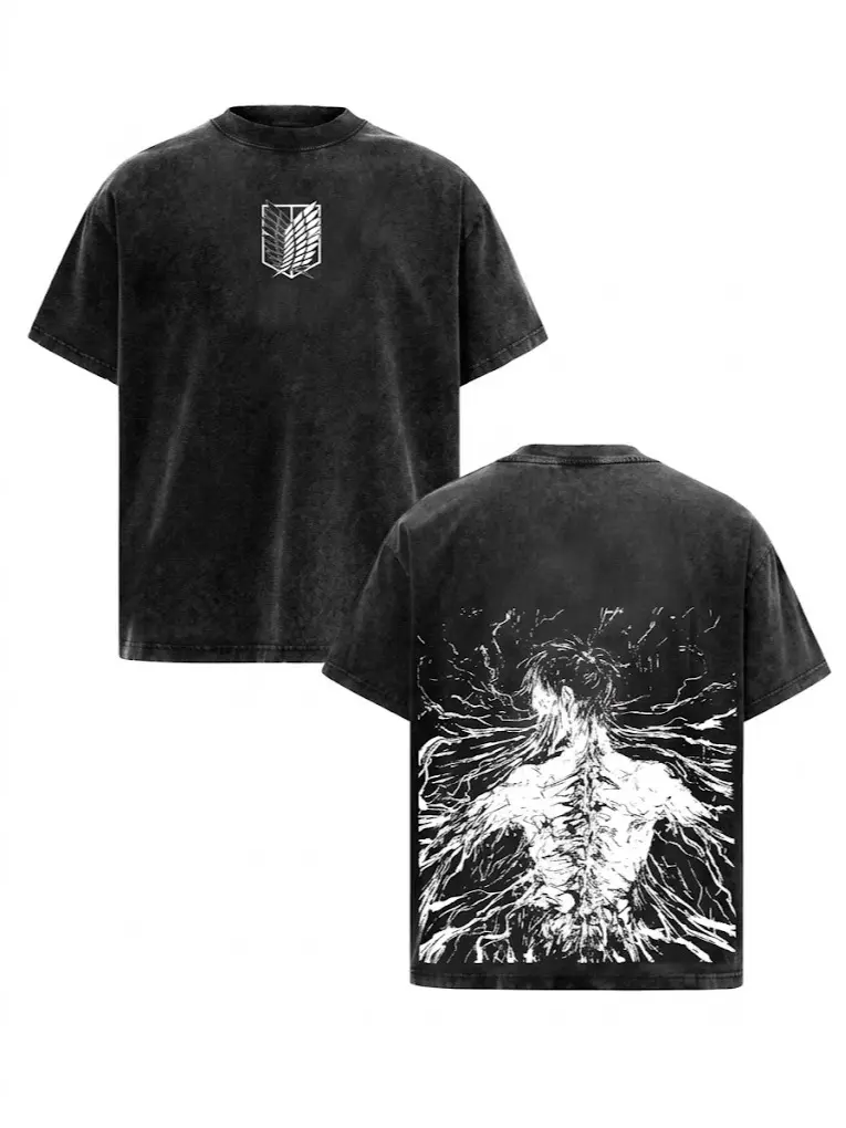Men's Oversize Shortleeve Retro Vintage Limited The Founding Titan Eren Yeager Attack On Titan Acid Washed Double Printed Lightweight Cotton Unisex T-Shirt Black, Shortsleeve