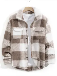 Unisex Checkered Plaid Fleece Shirt Jacket, Warm Plush Feel for Autumn & Winter, Casual Oversized Coat with Retro Design