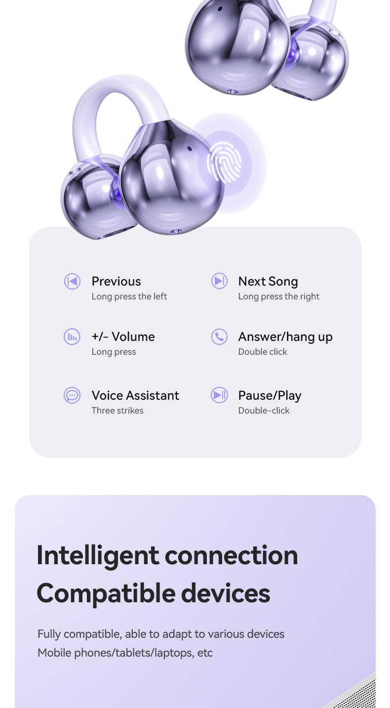 Clip-On Earbuds Gen 3, Open-Ear Wireless Bluetooth 6.0 Headphones with Mic, Secure Fit for Small Ears & Glasses Wearers, 50H Playtime, ENC, IPX5 Waterproof Sport Ear Buds