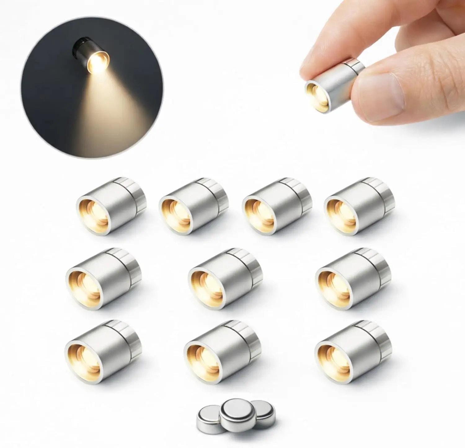 10-Pack Small Battery-Powered Mini LED Spot Lamps (Batteries Included), Bulk Pack Micro Lights for DIY Projects, Display Case Decorative Warm White Lighting