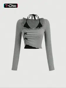 Women's 2 in 1 Bow Decor Frill Halter Neck Knit Tee Knitwear, Y2K Trendy Casual Everyday Tie Back Long Sleeve T-shirt Fit for Fall & Winter, Women's Clothes for Daily Wear, Lady Top, Womenswear