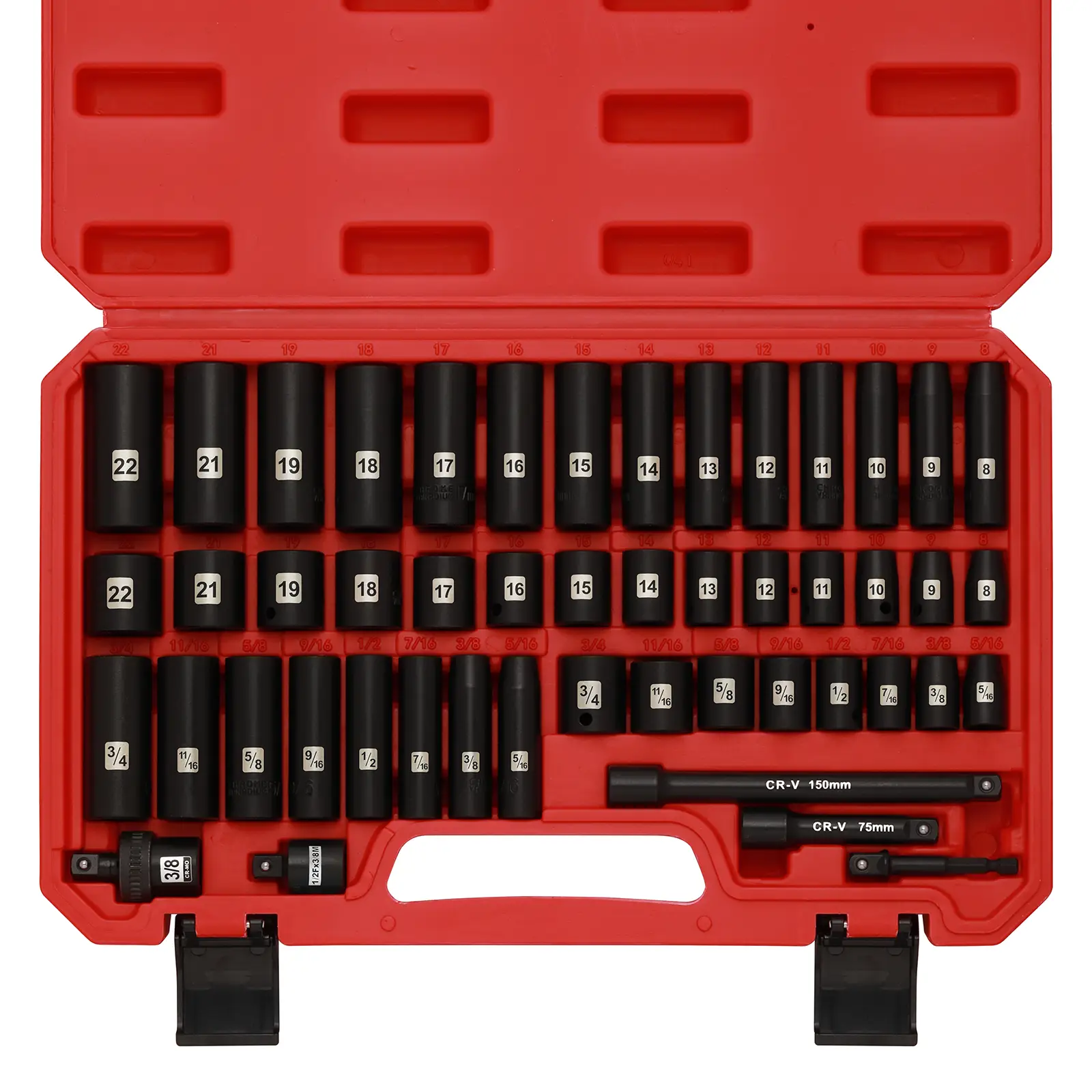 49 Pieces 38 Drive Impact Socket Set 51634 822MM SAEMetric 6 Point CRV Includes Extension Bar Adapter Universal Joint 49 Pieces 38 Drive Impact Socket Set 51634 822MM SAEMetric 6 Point CRV Includes Extension Bar Adapter Universal Joint