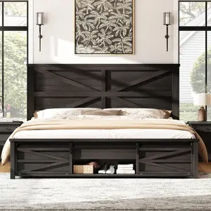 [Memorialday]VanAcc Farmhouse Bed Frame with 49" Tall Headboard, Wood Bed Frame with Sliding Barn Door Storage, Rustic Platform Bed Frame Wooden Slats and Metal Support, No Box Spring Needed