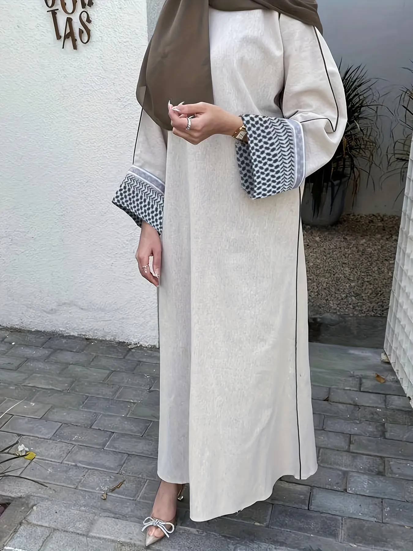 Women's Patchwork Contrast Binding Zipper Back Abaya without Hijab, Modest Long Sleeve Round Neck Maxi Abaya Dress for Daily Wear, Ladies Islamic Clot