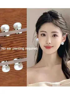 2pcs Magnetic Stud Earrings, No Piercing Required, Large Imitation Pearl Design, Elegant Style, Perfect for Parties & Weddings