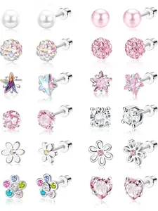 12 Pairs Hypoallergenic Screw Back Earrings for Women Girls Steel Cute Heart CZ Flower Pearl Ball Tiny Screwback Stud Earring