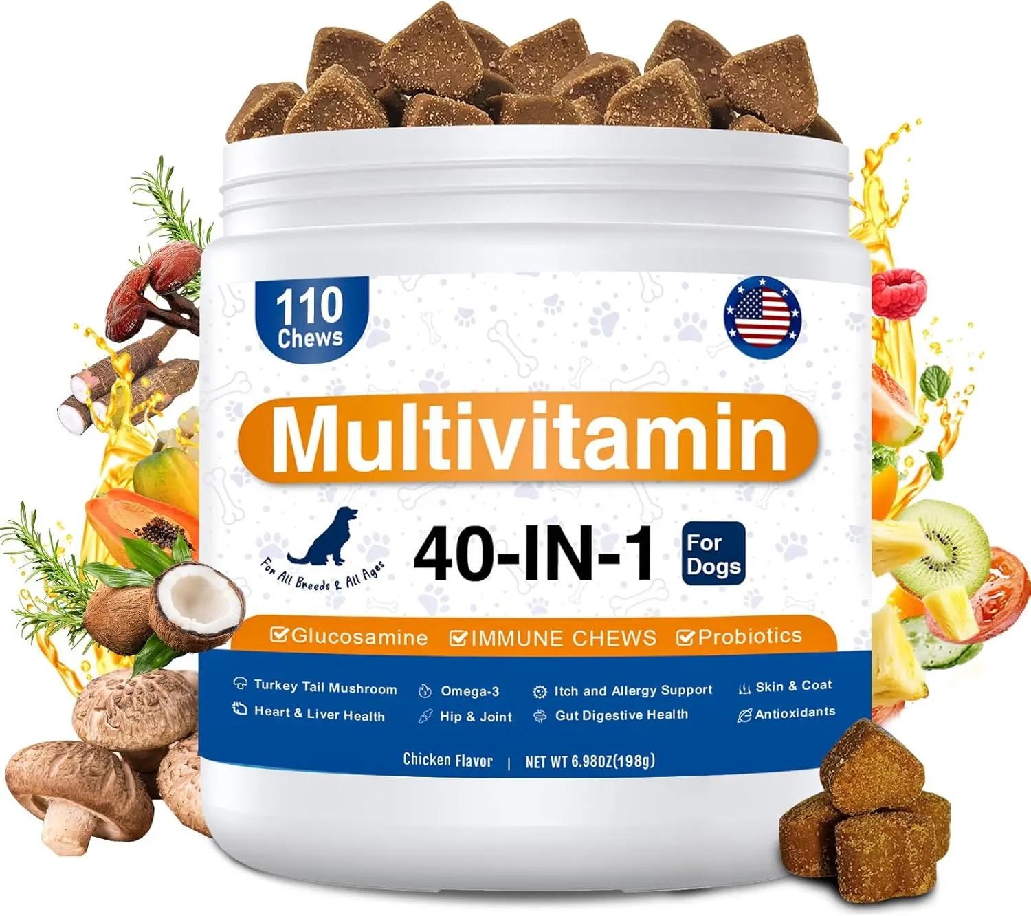 Dog Multivitamin Chewable Supplement with Probiotics Omega 3 Glucosamine for Joint Support Skin Coat Heart Liver Brain Eye Immune Health Daily Vitamins for Puppies Adult Senior Dogs