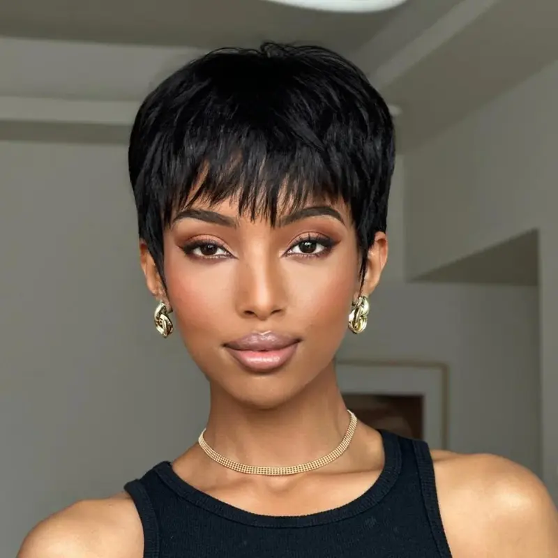 Pixie Cut Wig Brazilian Human Hair Wig With Bangs Cheap Full Machine Made Wigs For Black Women Natural Color Beginner Friendly
