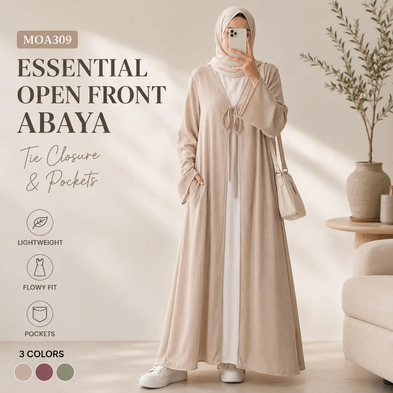 Women's Elegant Plain Open-Front Abaya - Essential Zoom Design, Tie Closure, Pockets (MOA309) | Modest Fashion, Muslim Fashion Modest Outfits
