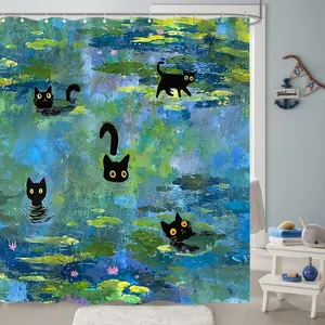 Cute Cat Shower Curtain Funny Fun Cool Cats Monet Shower Curtains for Bathroom Water Lilies Waterproof Fabric Bath Curtain Decor 72 X 72 Inch