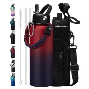 Insulated Water Bottle 40oz- 32/40/64/128oz Stainless Steel Water Bottles with Straw & Spout Lids, Paracord Handle, Carrier Bag with Strap, Protective Cup Mat, Keep Cold-48H & Hot-12H