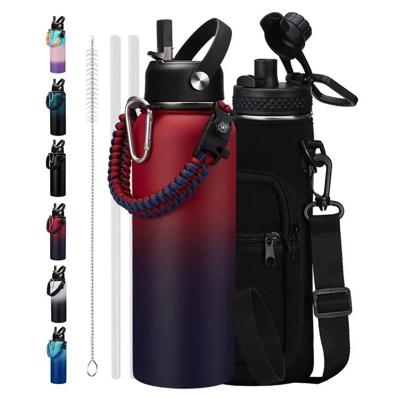 Insulated Water Bottle 40oz- 32/40/64/128oz Stainless Steel Water Bottles with Straw & Spout Lids, Paracord Handle, Carrier Bag with Strap, Protective Cup Mat, Keep Cold-48H & Hot-12H