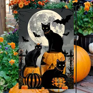 Creepy Halloween Black Cat & Pumpkin Cloth Garden Flag - 12x18 in Double-Sided Fade-Resistant Weatherproof Polyester Flag for Backyard, Lawn Decorations - No Flagpole Needed, Festive Garden Decorations