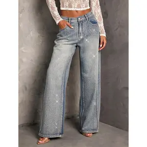 Women's rhinestone wide leg jeans, mid waist fashionable wide leg pants, heavy-duty all rhinestone denim pants, suitable for all seasonsRAIMENTRY