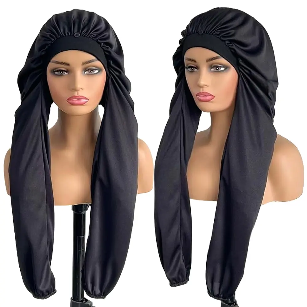 Ssawhair 2-in-1 Adjustable Satin Hair Bonnet for Adults - Long & Large Design for Braided Hairstyles, Breathable Stretch Nylon Sleeping Cap, Protects Hair from Flattening & Discomfort (Black), Protects Hair From Flattening And Discomfort