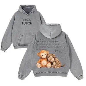 Adorable Monkey Punch Vintage Washed Hoodie – Oversized Streetwear Graphic Hoodie