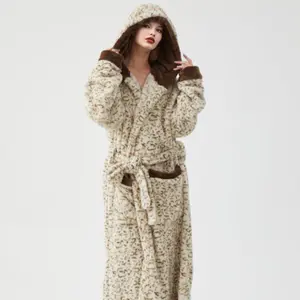 New Fall Winter Leopard Print Hooded Sleep Robe, Comfortable Flannel Long Bathrobe, Warm Home Wear, Belted Design, Casual Loungewear