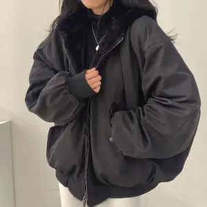 Women’s Korean-style double-sided cotton jacket; solid-color thick, warm cotton coat; winter hooded windbreaker; baggy black casual womenswear outerwear; thick long-sleeve basic minimalist design