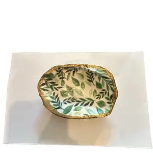 Green Leaf Design Handmade Oyster Trinket Shell Dish Authentic from Louisiana Natural Shell with Leaf Pattern