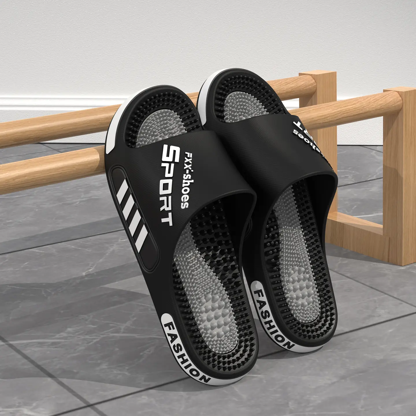 Comfort Fit Men's PVC Flip Flops with Massage Foot Granules, Anti Slip Black White Summer Sandals, Casual Slippers for Shower Pool Beach Indoor Outdoor Daily Wear