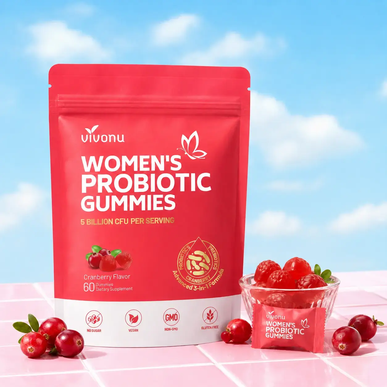 VivoNu Cranberry Probiotic Gummies | Targeting Body Odor, Women's Health, and Body Balance | Vegan (60 Gummies per Pack) SummerVibes