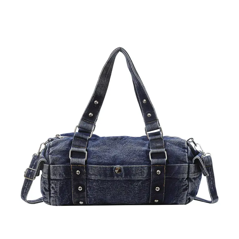 Women's Vintage Washed Denim Cylinder Crossbody Bag - Rivet-Decor Barrel Purse with Adjustable Strap for Daily Carry, Ideal for Crossbody Wear, Denim Purse with Cylinder Shape