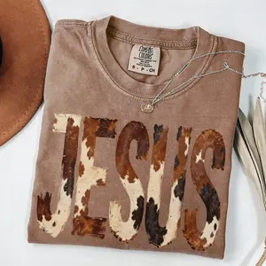 Comfort Colors Brushstroke Cow Print Jesus Vintage T-shirt Western Christian Faith Based Cowboy Graphics Jesus Retro Tee Christian Cowboy