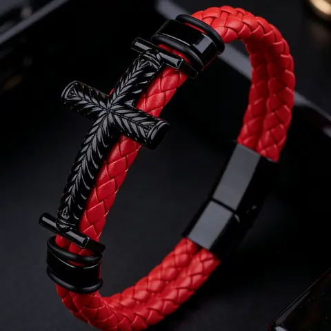 Men's Cross Composite Leather Woven Cord Bracelet with Magnetic Clasp, Men's Religious Jewelry, Ideal Faith Gift for Brothers, Stackable Bracelet, Stacked Design Bracelets