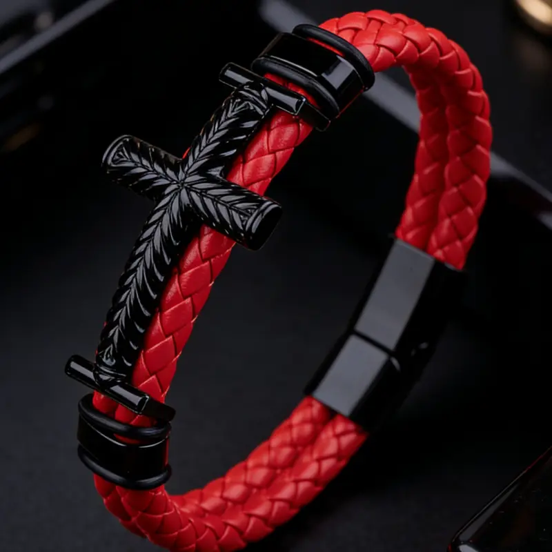 Men's Cross Composite Leather Woven Cord Bracelet with Magnetic Clasp, Men's Religious Jewelry, Ideal Faith Gift for Brothers, Stackable Bracelet, Stacked Design Bracelets
