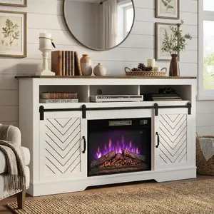 RoyalCraft L Farmhouse Fireplace TV Stand for 65+ Inch TV, Entertainment Center with 23" Electric Fireplace with Remote, 34" Tall Modern Rustic TV Console with Sliding Bar Door for Living Room, Black