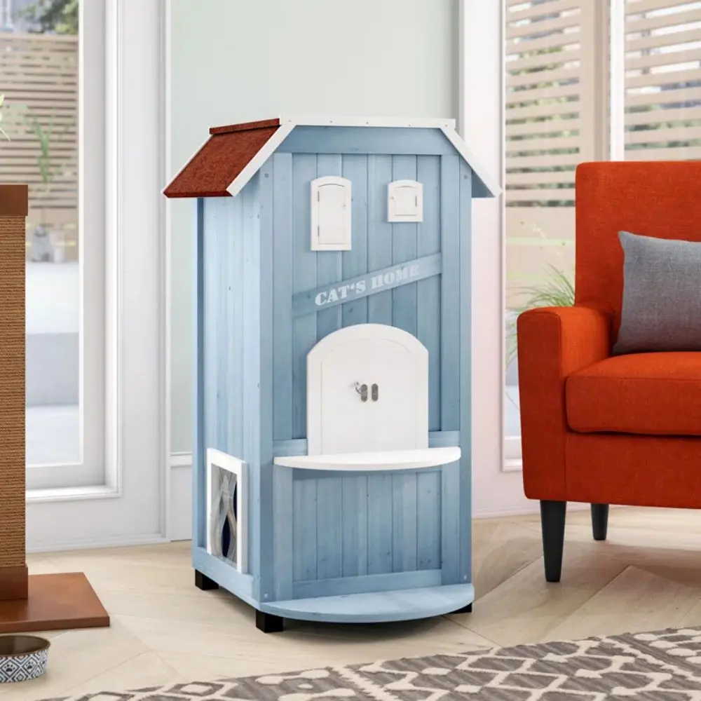 TRIXIE natura 3-Story Small Indoor Cat Condo or Weatherproof Outdoor Cat House, 2 Entrances, Blue