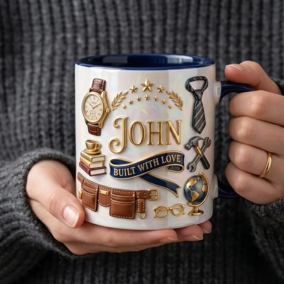 Personalized Dad Ceramic Faux 3D Mug, Custom Built With Love Cup, Father's Day Gift, Gift For Dad