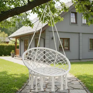 Garpans Hammock Chair Macrame Swing Bohemian Style Hammock Swing Chair with Tassels Hanging Swing Chair Handmade Knitted Cotton Rope for Indoor Outdoor Bedroom Patio Max 330 Lbs White