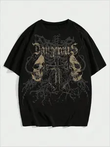 Y2K Grunge Aesthetic Vibe Skull Graphic Oversized T-Shirt | Vintage Gothic Cross Print Dark Streetwear Menswear Tee for Men & Women | Harajuku Hip Hop Loose Fit Casual Top