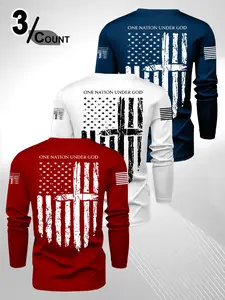 Men's 3-Pack Round Neck Crewneck Long Sleeve Fitted T-Shirts, Casual Graphic Top, American Flag Cross Design, Comfortable Fashion, Daily Wear, Sporty Style, All Seasons