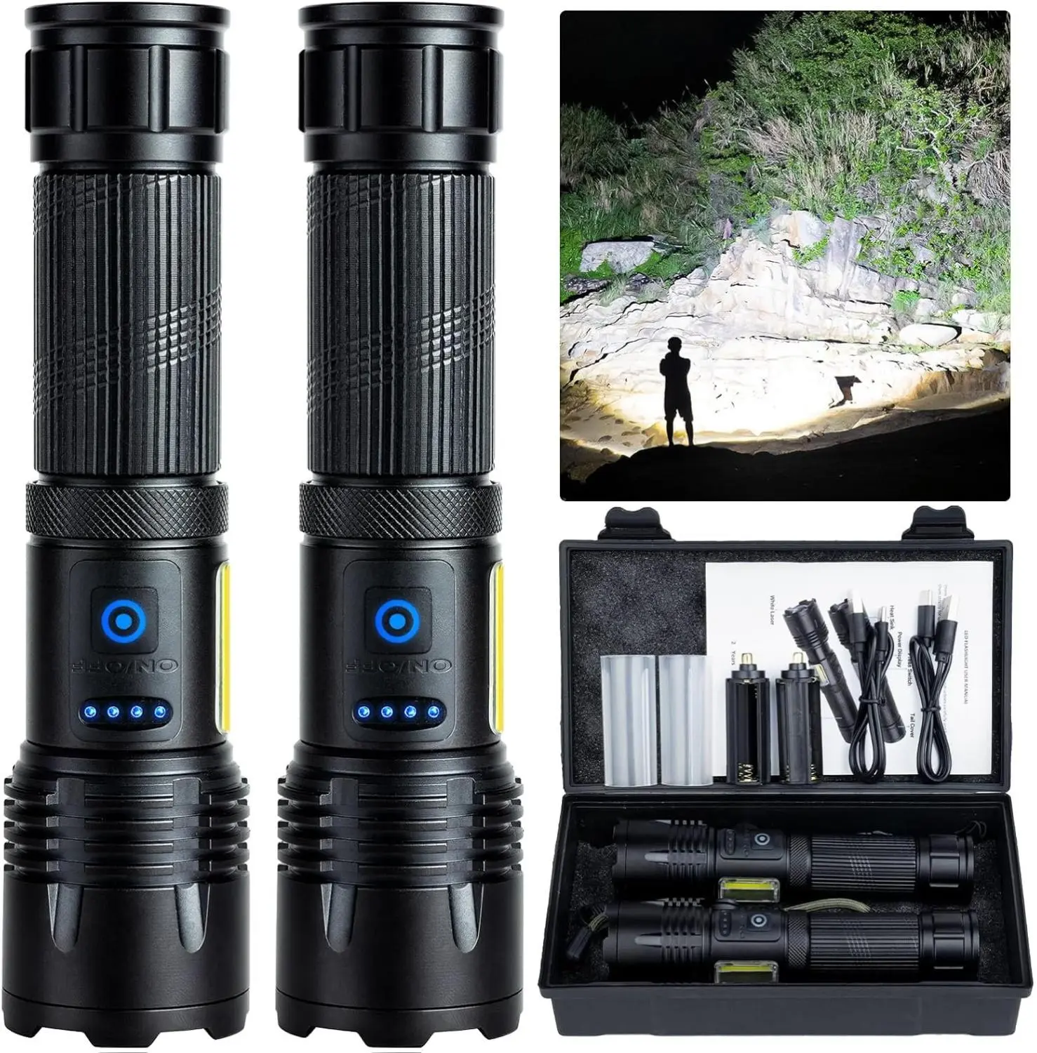 Rechargeable High Lumen LED Flashlight Super Bright 99000 Lumens with 7 Lighting Modes and COB Work Light IPX7 Waterproof Powerful Outdoor Flashlight for Emergency Camping and Hiking