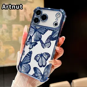 Four Corners Phone Case for iPhone 17 16 Pro Max 15 Plus 14 13 12 11 E Air Butterfly Blue Dream Pattern Anti-drop Cellphone Protective Durable Total Coverage Shockproof Phone Cover