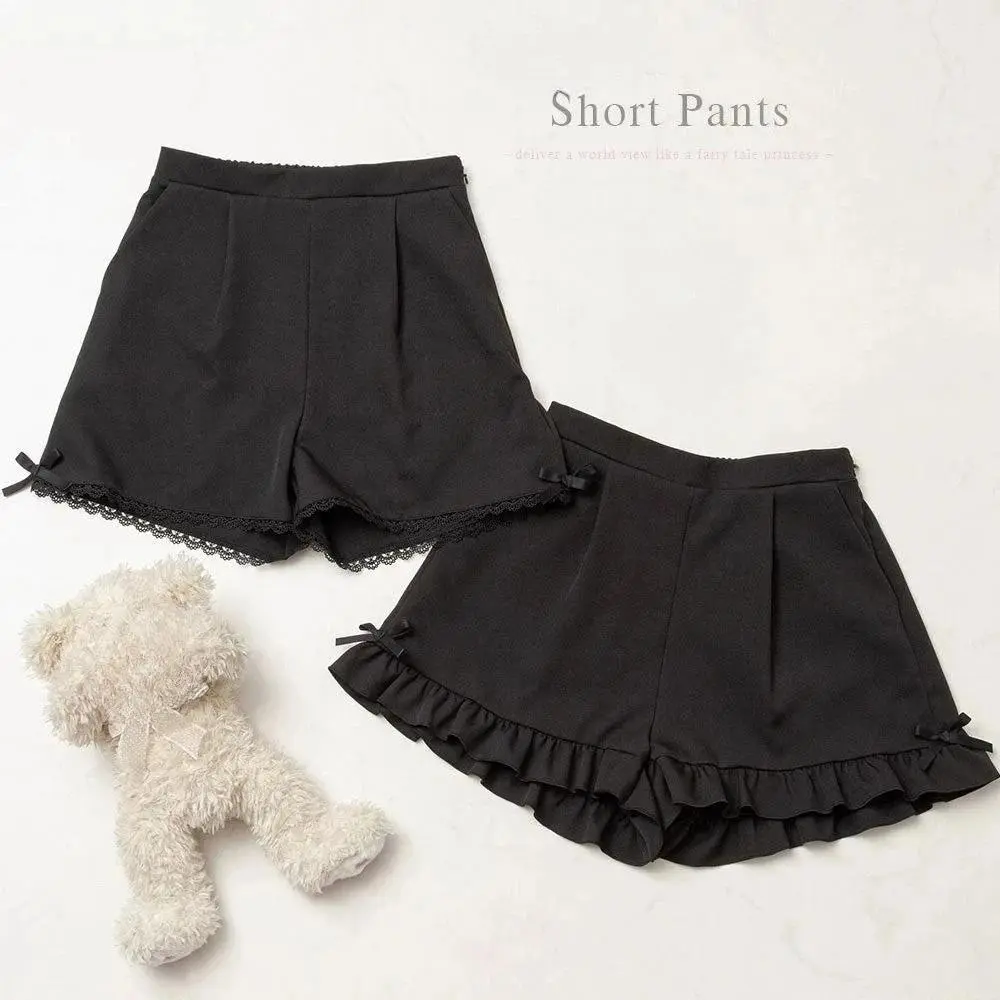 Japanese Gothic Y2k Lolita Shorts Women's Sweet Ruffles Bow High Waist Short Pants Cute Girls Harajuku Casual Loose Black Shorts