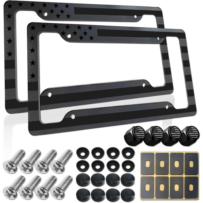 Flag License Plate Frames- 2 Pack Black Grey Patriotic  Aluminum  Tag Holder Cover for Front Rear, with Screws Caps