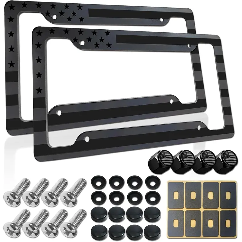 Flag License Plate Frames- 2 Pack Black Grey Patriotic  Aluminum  Tag Holder Cover for Front Rear, with Screws Caps