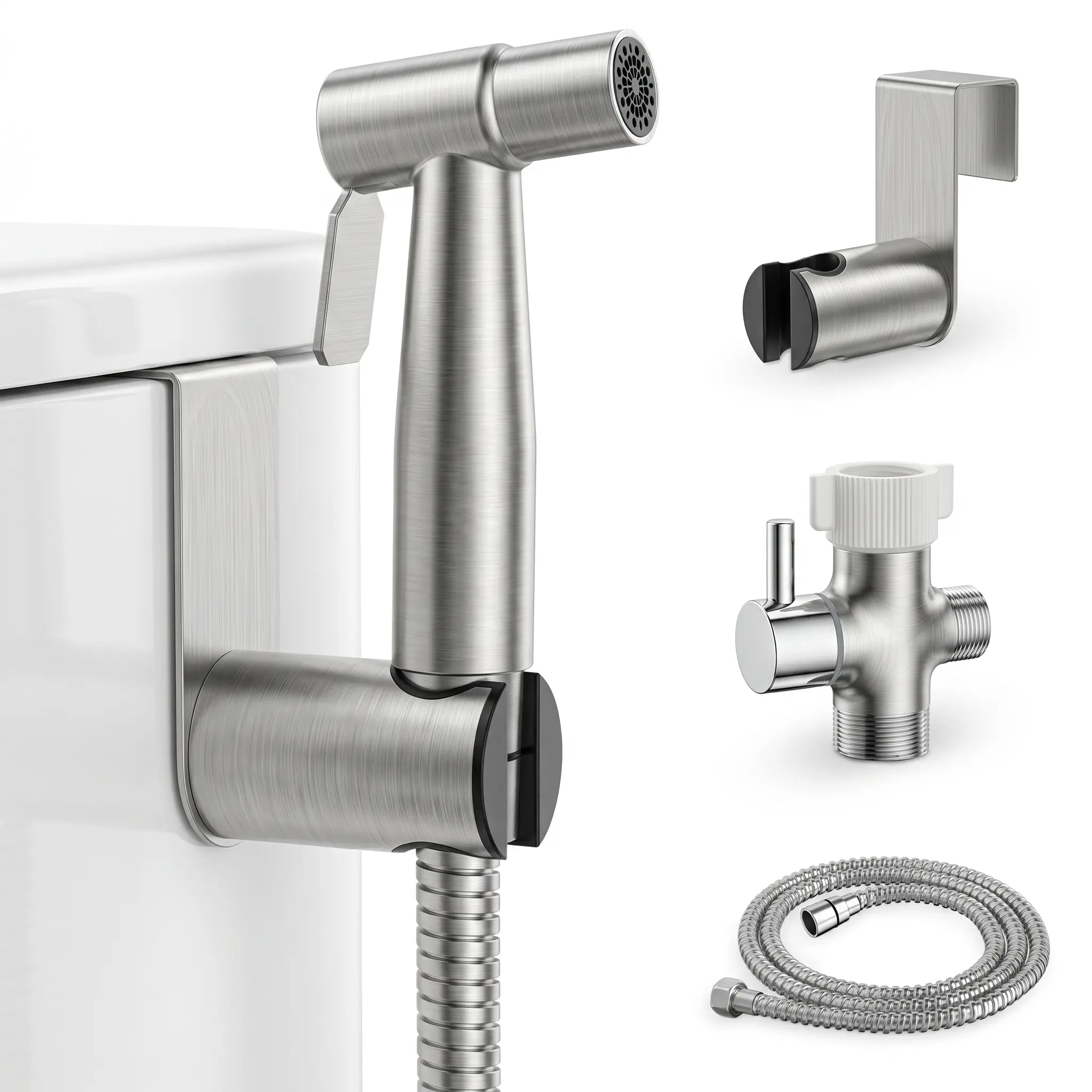 FORIOUS Stainless Steel Manual Bidet Sprayer Kit, Brushed Nickel Adjustable Pressure Bidet Attachments for Toilet with 47-in Hose, Brass Components, Easy DIY Installation Bathroom Accessories (Feminine Wash Use)