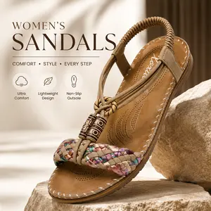 Women's 2026 Summer Elegant Bohemian Design Handmade Braided Flat Wedge Sandals - Arch Support, Ankle Elastic, Comfort Walking Shoes, Beach Footwear