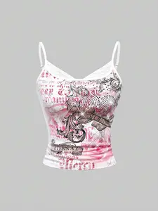 Grunge Punk Summer Concert Festival Y2K Chic Retro Romantic Rose Floral & Vine Heart Rhinestone Embellished Crop Top For Women