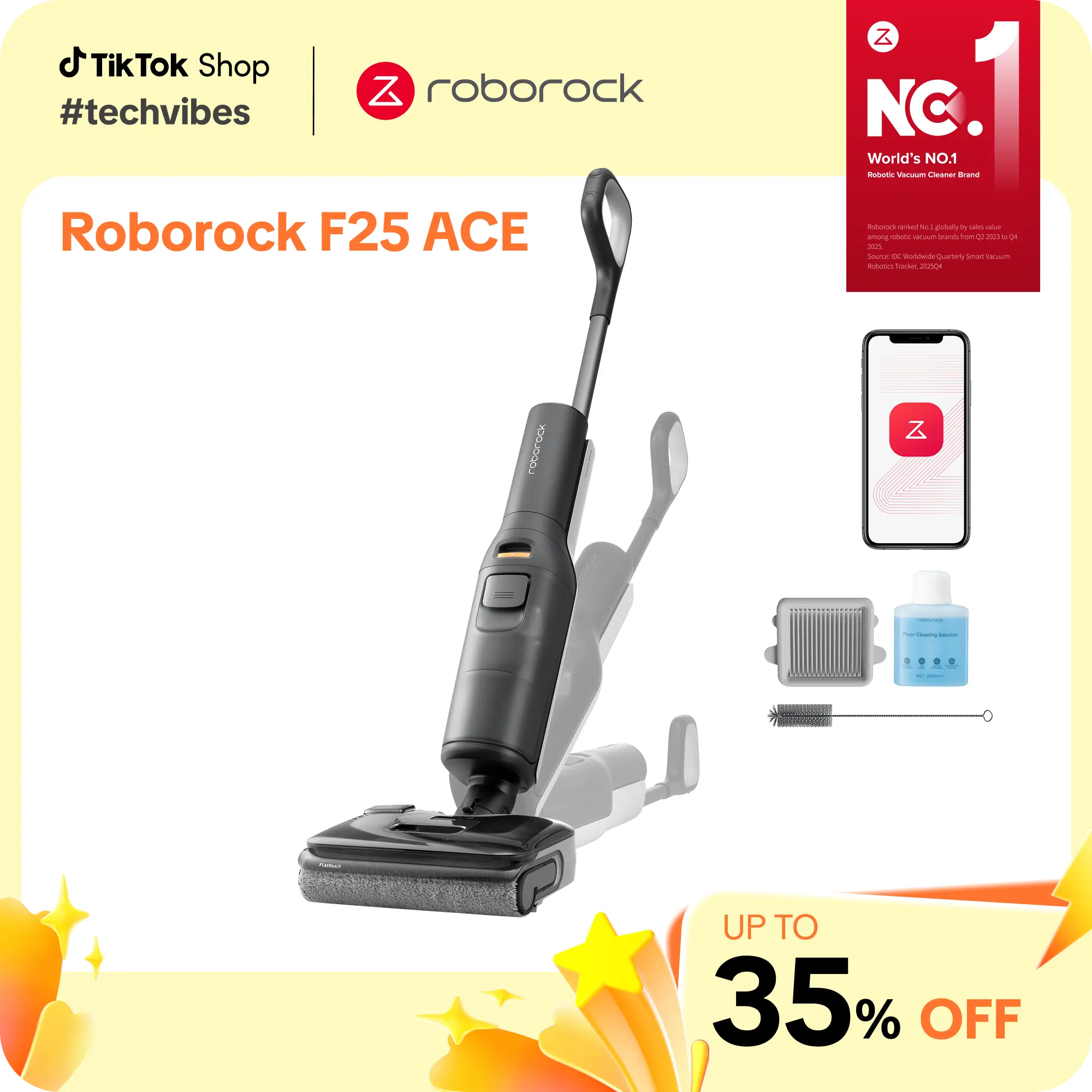 Roborock F25 ACE Fully Cordless Wet Dry Vacuum Cleaner - House Cleaning Tool with 194°F Hot Air Flash Drying Electric Mop, 0 Tangle, 180° Flat Profile, Self Cleaning System, Handheld Vacuum Cordless #roborocknewarrives #TechVibes