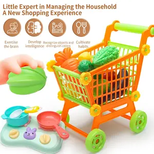 Kids Shopping Cart with Cutting Play Food Set for Kid Kitchen, 2 in 1 Shopping Cart for Kids Grocery Store,Pretend Play Kitchen Accessories,Food Categorization Cart,Learning Toys,Gift for Children 3-6, Miniature Cooking Set, Pretend Kitchen Playset