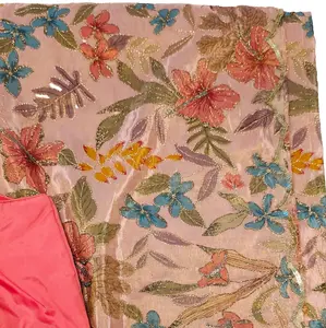 Reyavogue Womens Peach Floral Theme Tissue Georgette Saree with handwork border
