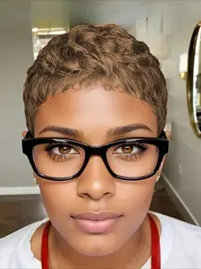 Pixie Cut Wig for Women Curly Wave Human Hair Glueless Wig Full Machine Made Wig 150% Density 6 Inch