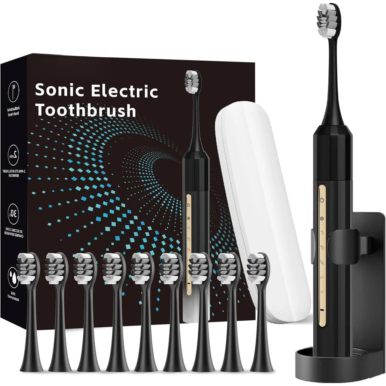 Sonic Electric Toothbrush with 10 Brush Heads, Suitable for Adults and Children, Long 30-Day Battery Life, 5 Modes, IPX8 Waterproof, Smart 2-Minute Timer, a Must for Travel (Pure Black) Daily Oral Pack Vibrating