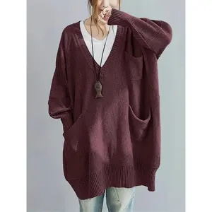 [Plus Size Women's Sweater] Plus Size, Women's Plus Size Oversized V-Neck Longline Sweater - Soft Machine-Washable Black Pullover for Fall Winter, Elegant Loose Fit Casual Chic Wardrobe Essential, Sweater, Ribbed Detailing